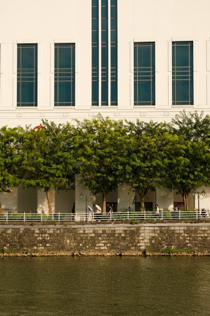 Exterior view of Riverside Flats by Putney Embankment in SW15, showing a modern building with large glass windows and vertical metal framing, situated along the riverbank. Below the building, a row of well-maintained green trees lines the walkway, with several pedestrians strolling along the pavement. The river in the foreground reflects the scene, and the natural lighting highlights the clean, contemporary façade of the building. This image emphasizes the importance of surface cleaning and maintenance for residential properties managed by Cleaners SW15, offering insights into the building’s exterior and surrounding environment as part of a comprehensive domestic cleaning and property upkeep service.